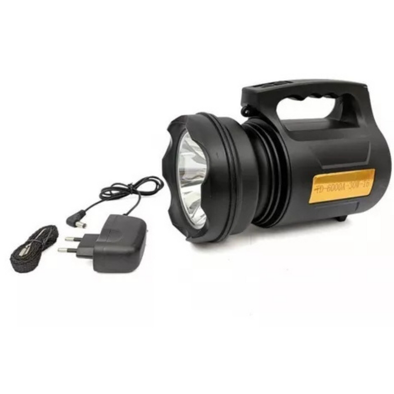 T6 LANTERNA BIVOLT - Holofote LED PRETO 30W TD-6000A Recarregável Pesca Trilha Camping - TD-6000A