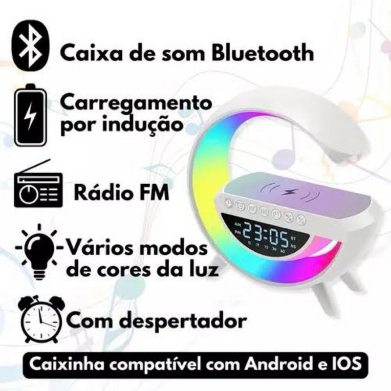 G Speaker Luminária com Relógio e Carregador Indução BM-F946