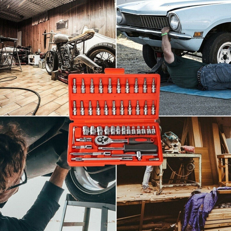 Jogo de Ferramentas com 46 Peças Soquete Aço c/ Maleta uso Automotível e Doméstico - Vermelha