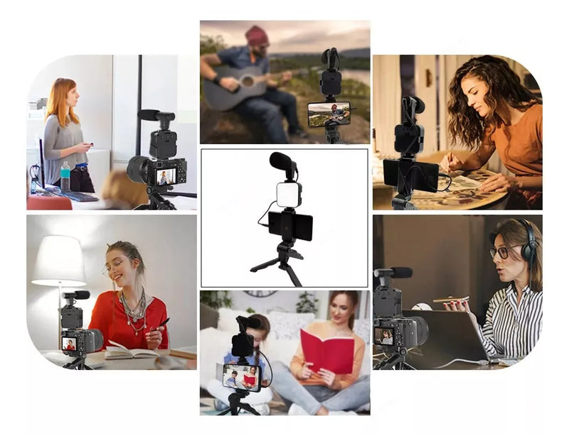 Suporte Tripé com Luz LED e Bastão de Selfie – Kit de Gravação BM-244