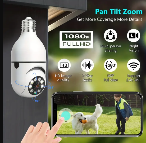 Câmera Lâmpada de Segurança Vigilância IP Wi-Fi 360° Visão Noturna FullHD