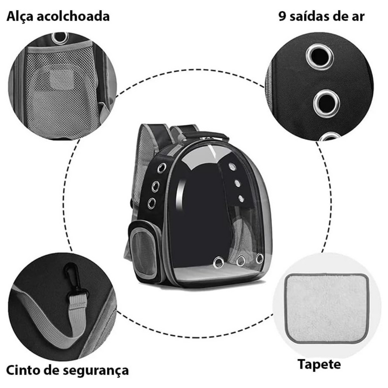 Mochila Pet Transporte para Cães e Gatos Visão Ampla com Entrada de Ar - Preto