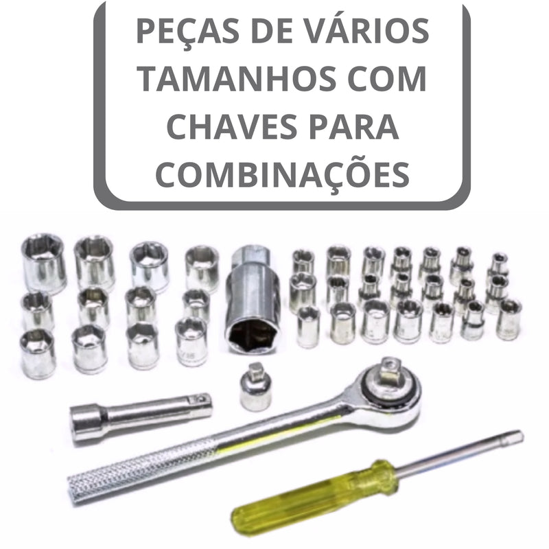 Jogo de Ferramentas 40 Peças com Maleta – Soquetes para Uso Automotível e Doméstico – Cinza