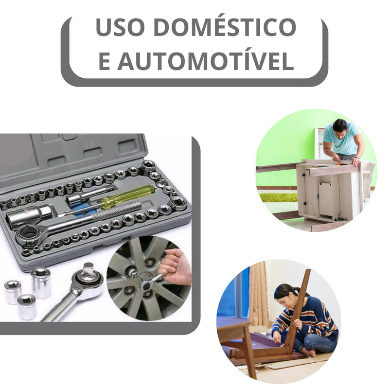 Jogo de Ferramentas 40 Peças com Maleta – Soquetes para Uso Automotível e Doméstico – Cinza
