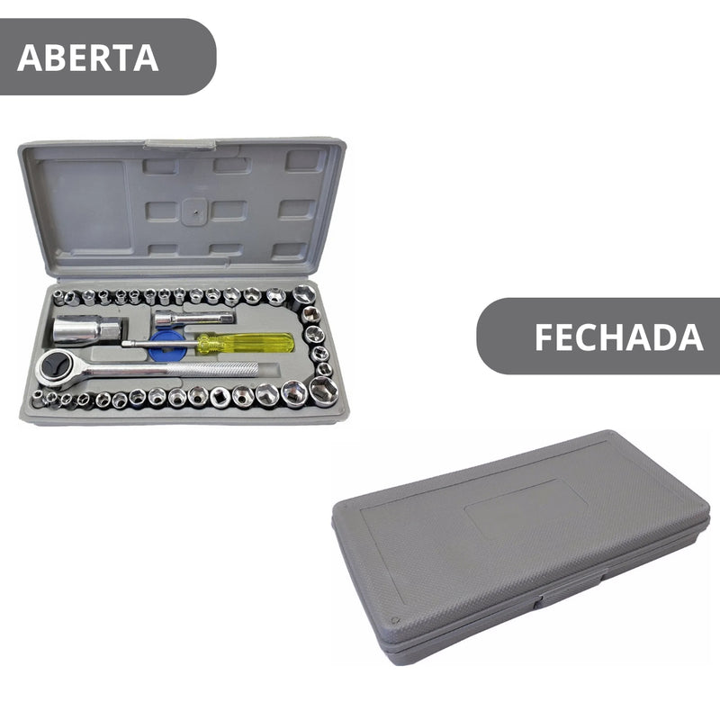 Jogo de Ferramentas 40 Peças com Maleta – Soquetes para Uso Automotível e Doméstico – Cinza