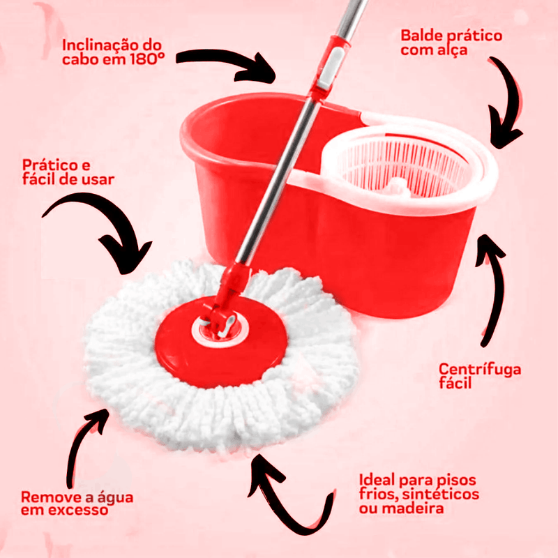 Mop Esfregão Giratório de Limpeza 360° Reutilizável Molha e Seca 9 Litros