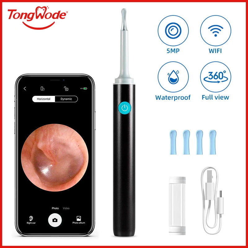 Endoscópio Visual Sem Fio TONGWODE – Removedor de Cera com Colher de Silicone, Câmera 5MP, Otoscopia Iluminado 3,9mm, Bateria 240mAh