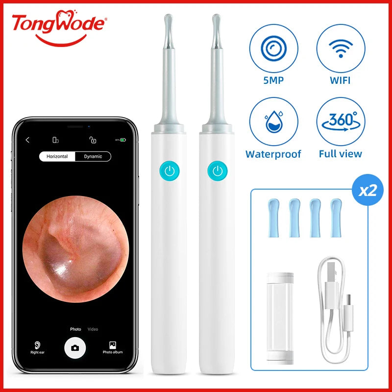 Endoscópio Visual Sem Fio TONGWODE – Removedor de Cera com Colher de Silicone, Câmera 5MP, Otoscopia Iluminado 3,9mm, Bateria 240mAh
