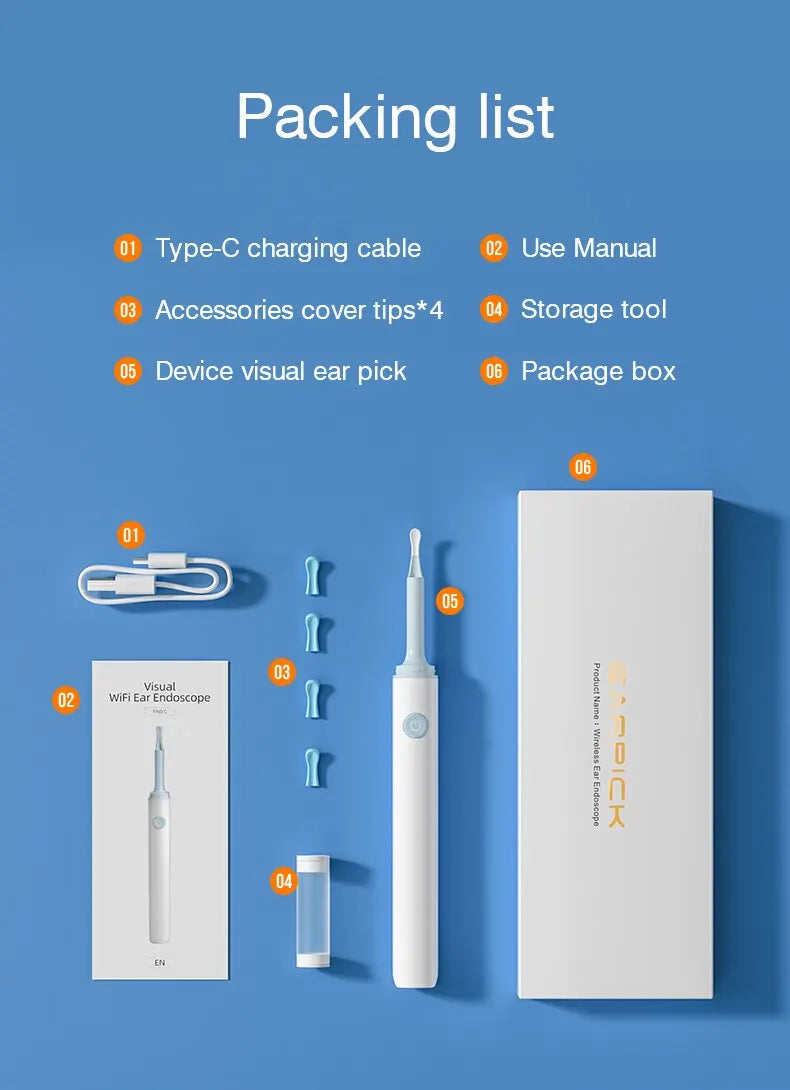 Endoscópio Visual Sem Fio TONGWODE – Removedor de Cera com Colher de Silicone, Câmera 5MP, Otoscopia Iluminado 3,9mm, Bateria 240mAh
