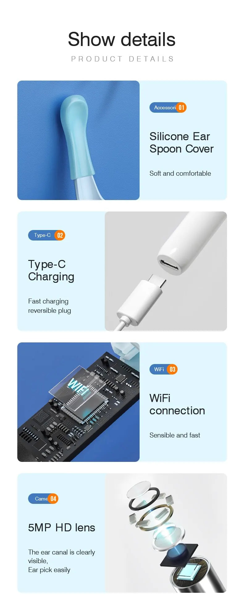 Endoscópio Visual Sem Fio TONGWODE – Removedor de Cera com Colher de Silicone, Câmera 5MP, Otoscopia Iluminado 3,9mm, Bateria 240mAh