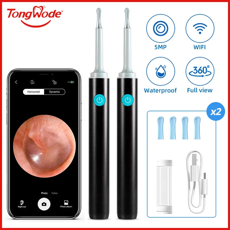 Endoscópio Visual Sem Fio TONGWODE – Removedor de Cera com Colher de Silicone, Câmera 5MP, Otoscopia Iluminado 3,9mm, Bateria 240mAh