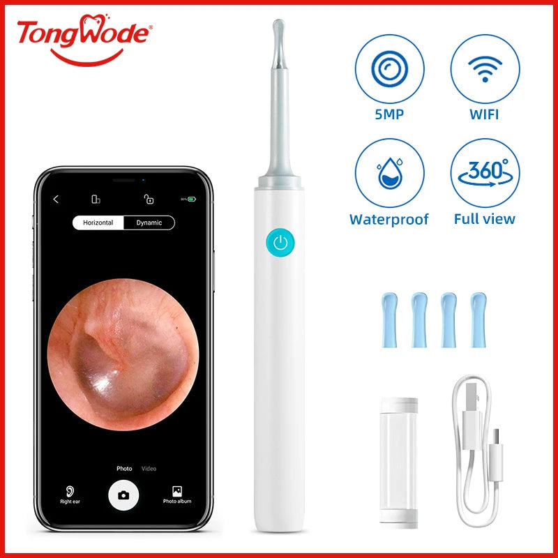 Endoscópio Visual Sem Fio TONGWODE – Removedor de Cera com Colher de Silicone, Câmera 5MP, Otoscopia Iluminado 3,9mm, Bateria 240mAh