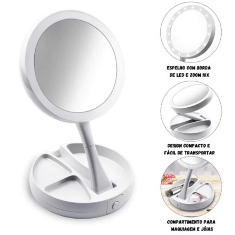 Espelho de Mesa LED Maquiagem Dobrável - Branco