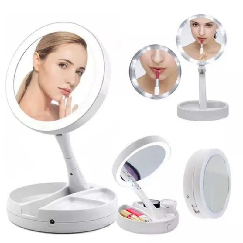 Espelho de Mesa LED Maquiagem Dobrável - Branco