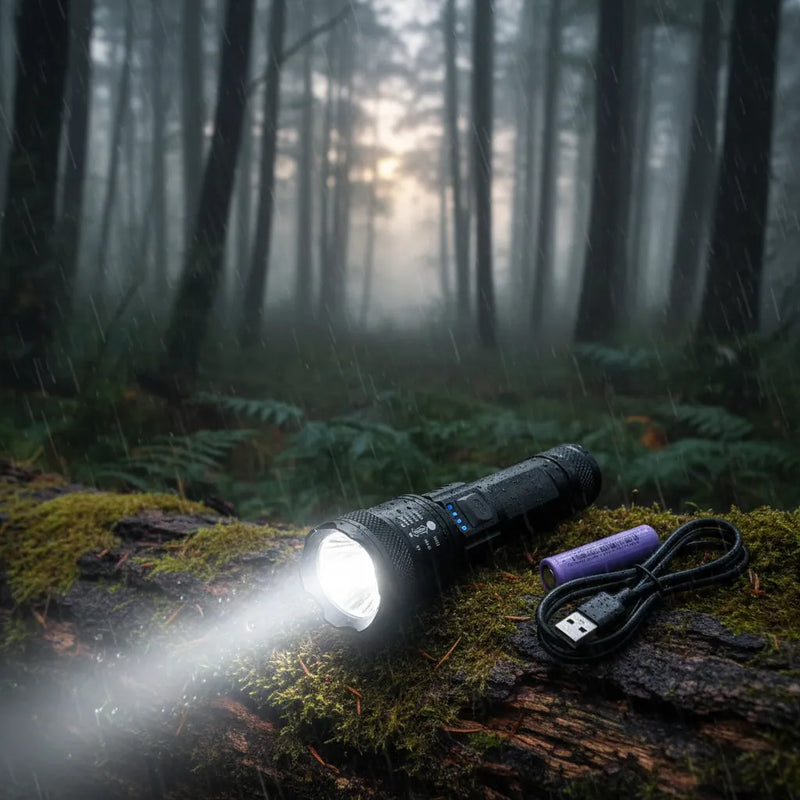 Lanterna Recarregável USB-C Tática T9, 1200 Lumens e Zoom Ajustável - LAN-7059